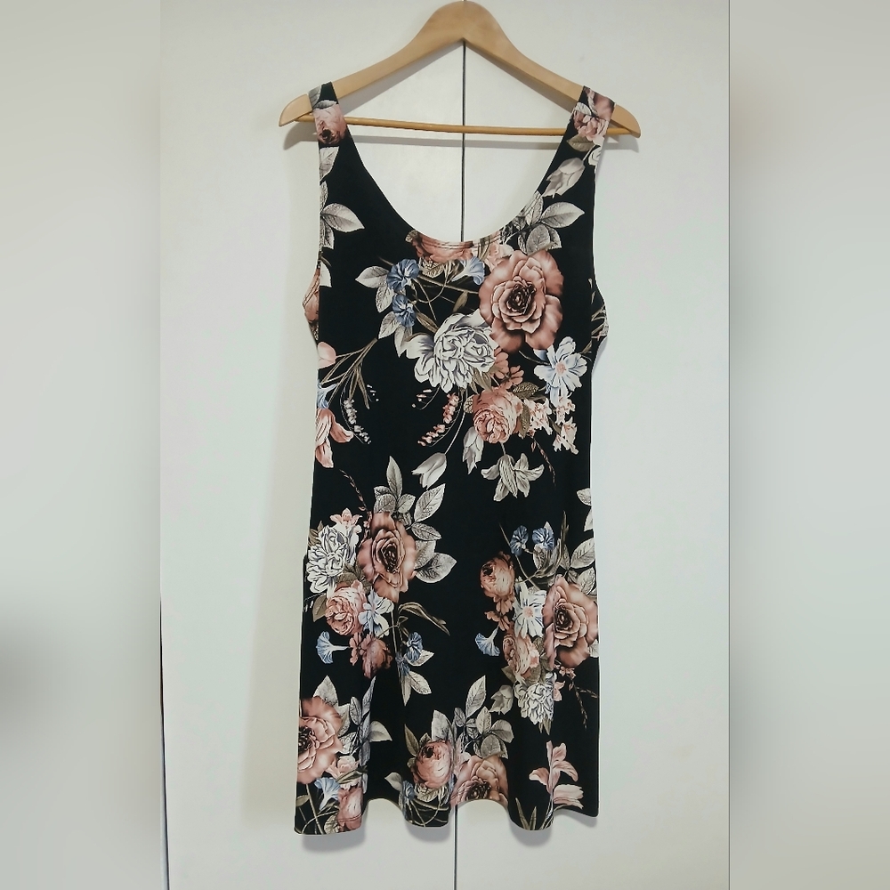 Zooni Moody Floral Sleeveless Dress Size Lg Black Pink Rose Romantic